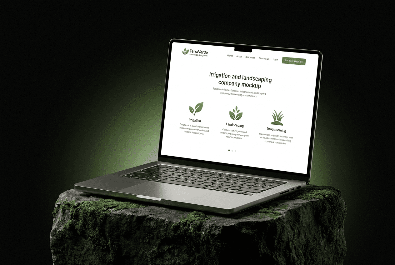 Irrigation website on a laptop on a mossy stone pedestal