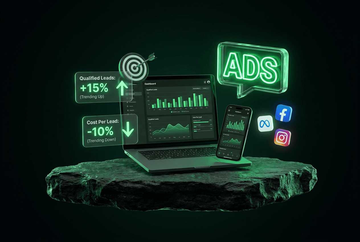 Advertising dashboard with lead and cost metrics on a dark rock